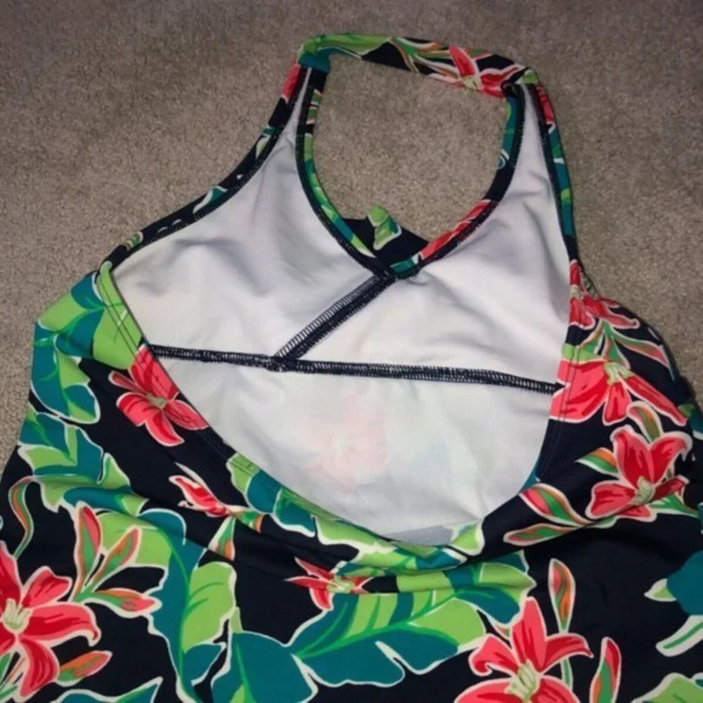 Lands‎ End Girls Size 12 Tankini Top Floral Print Navy Blue Green Red